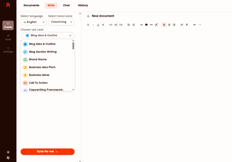 Rytr dashboard with use case
