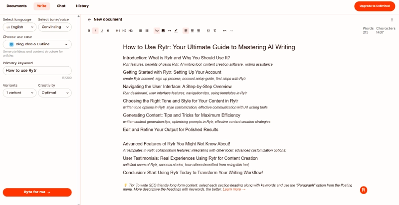 Rytr generating text