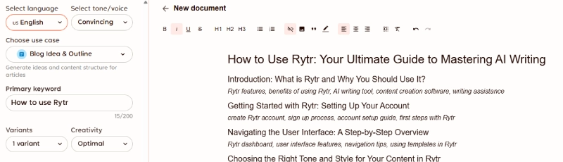 Rytr interface with tone dropdown