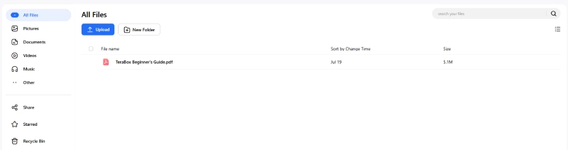 TeraBox upload screen